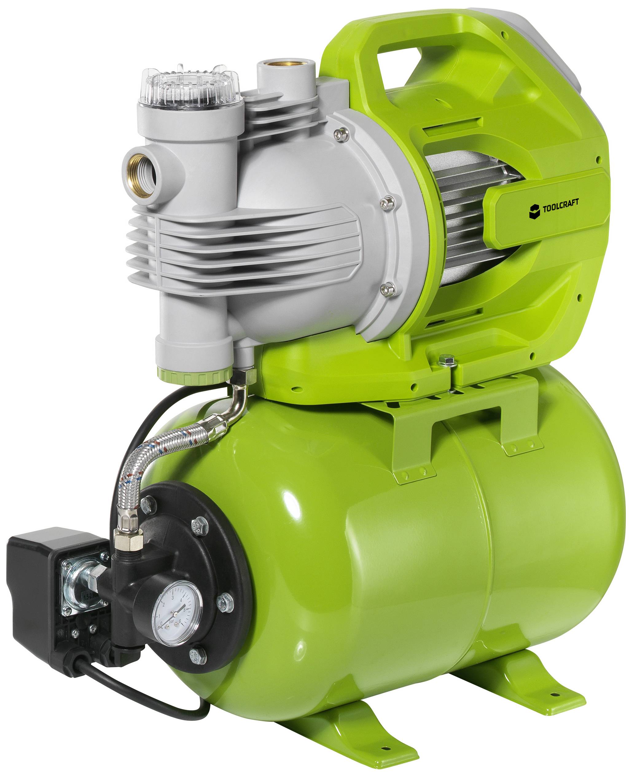 A green domestic water system with a pressure vessel and pressure gauge. It is used for water supply in households or gardens.