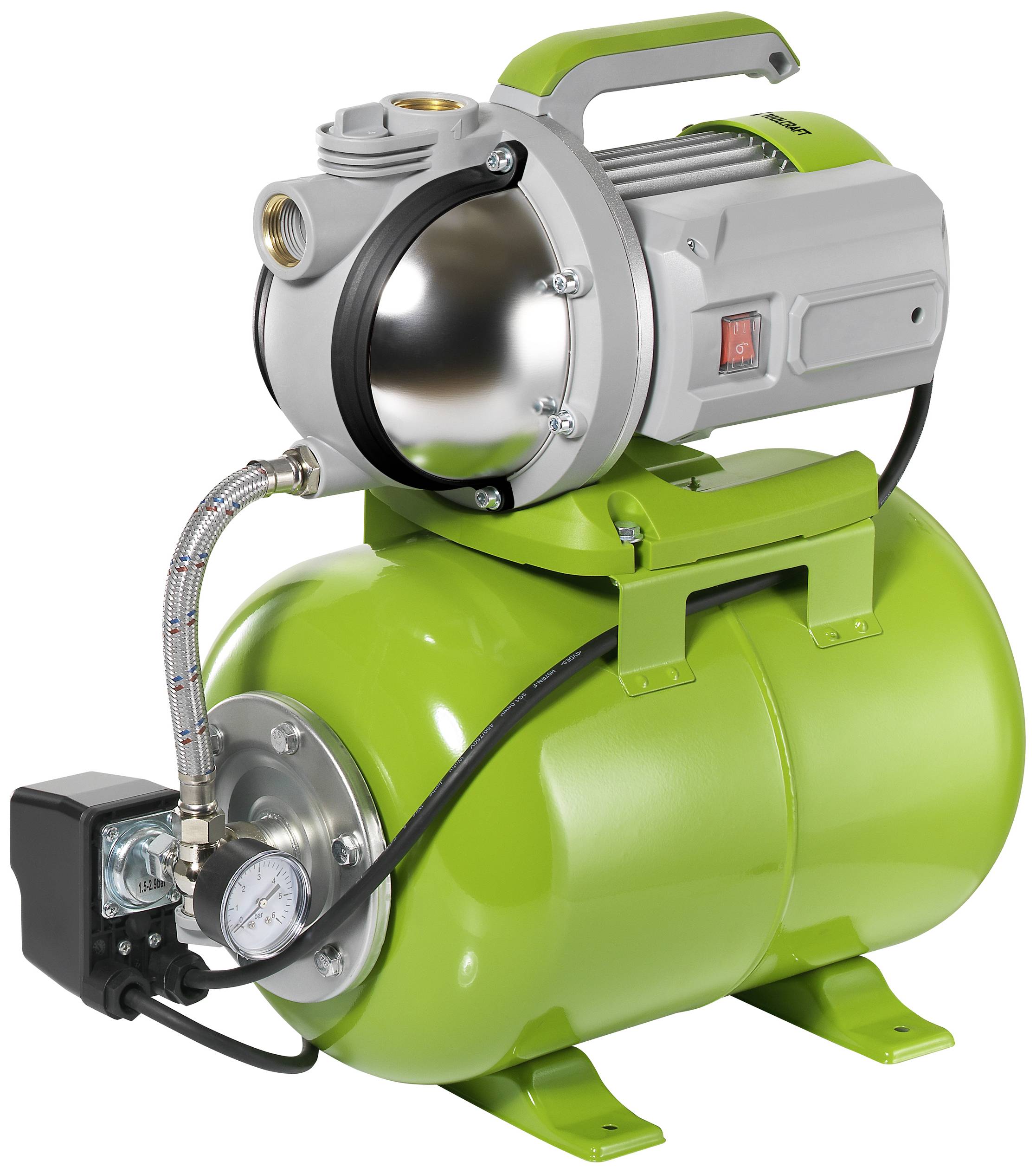 Green water pump with pressure vessel and pressure gauge. Suitable for use in domestic water systems or irrigation systems.