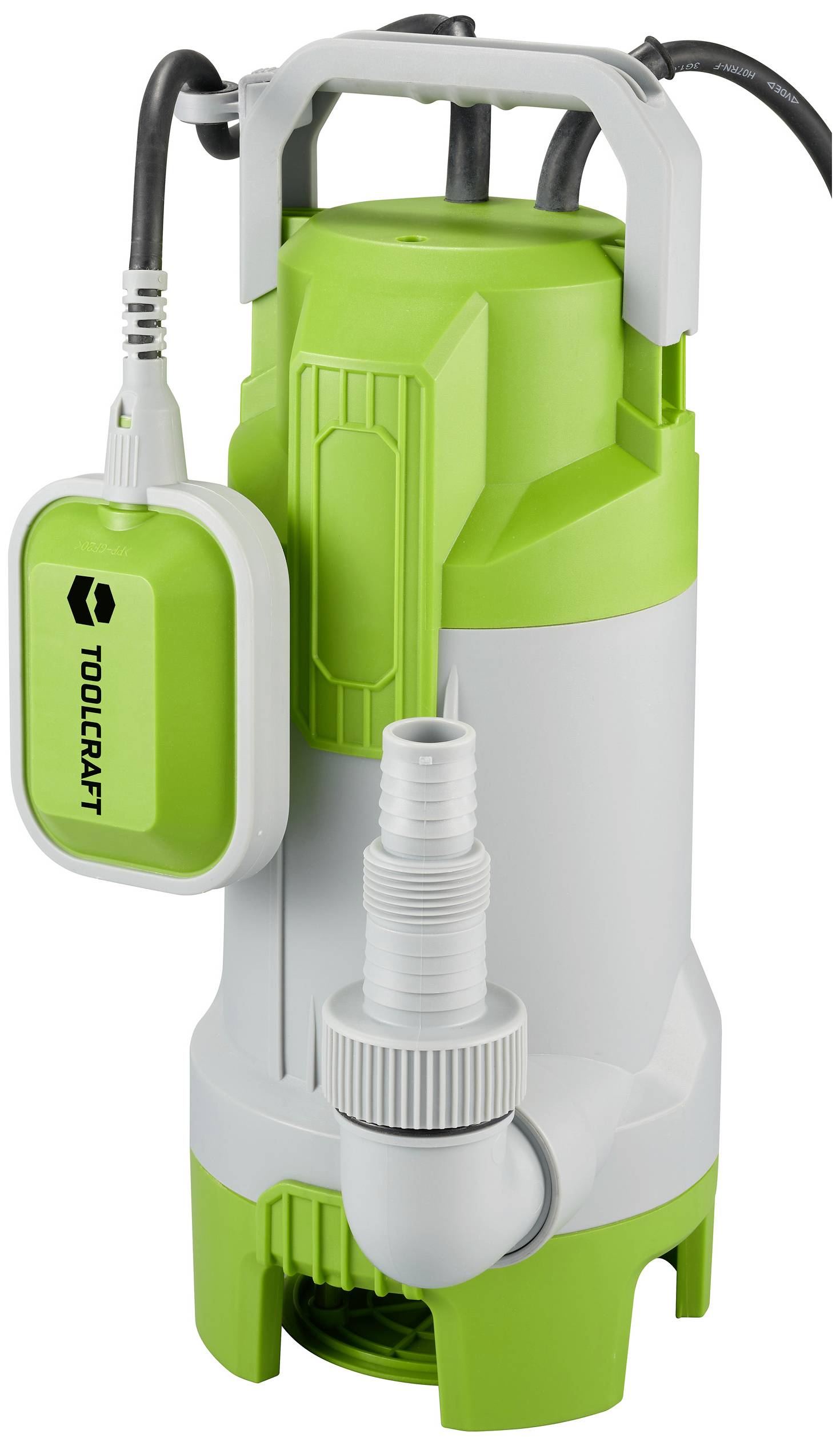 Submersible pump in green and white with an attached float switch and a hose connection at the bottom, with the brand name 'Toolcraft' visible.
