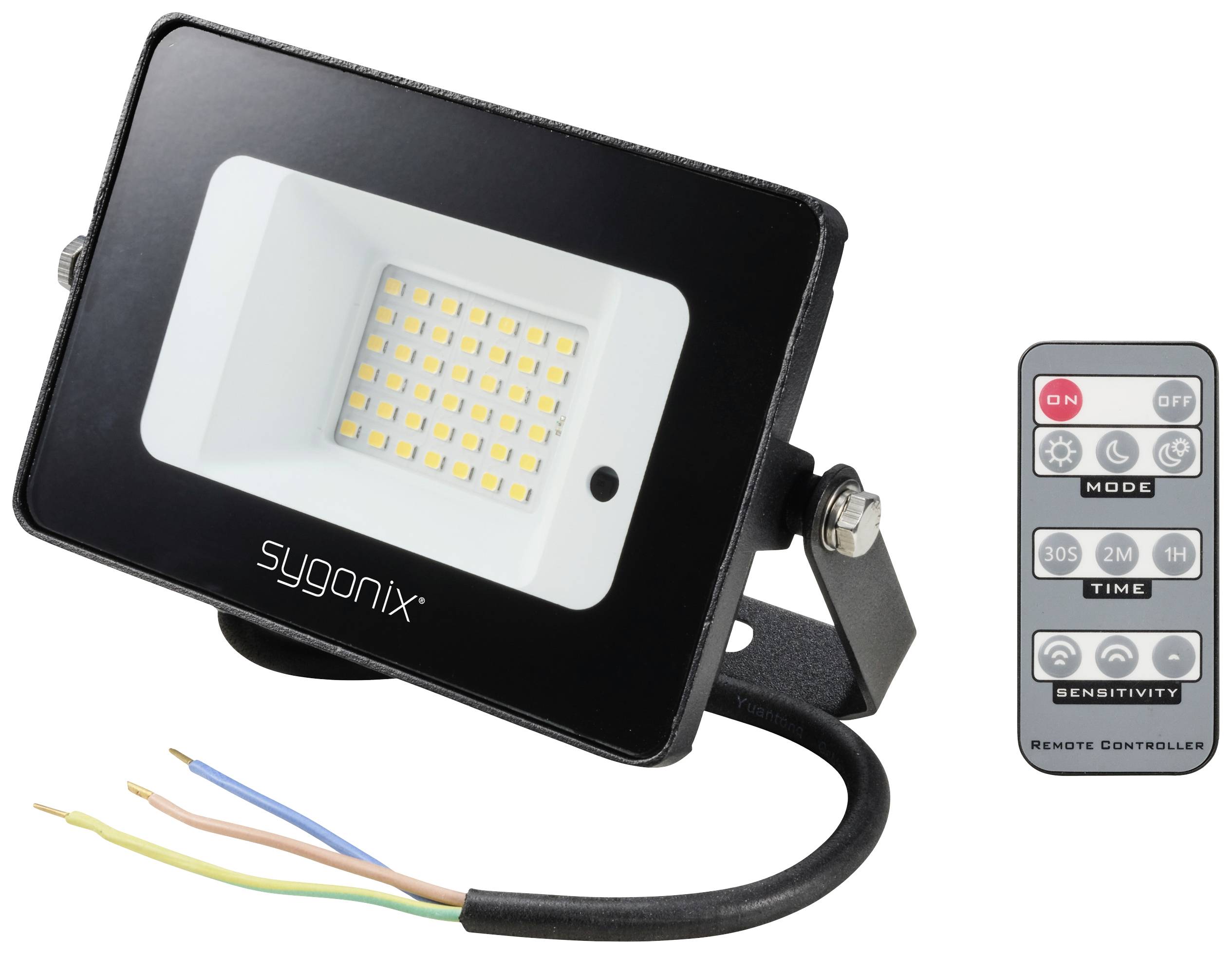 An LED floodlight with cables and a remote control featuring buttons for On/Off, Mode, Time, Sensitivity, and a Timer.