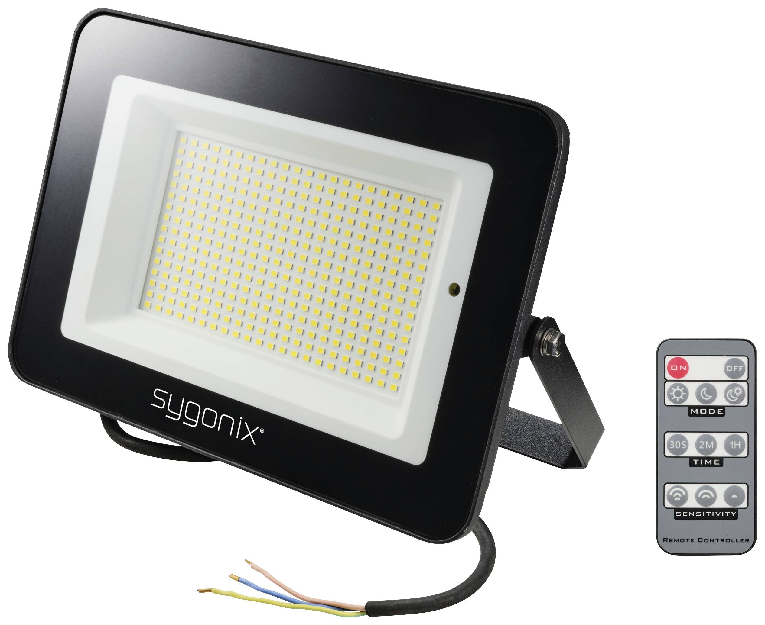 LED spotlight by 'sygonix' with remote control. The spotlight has a rectangular black frame and bright yellow LEDs.