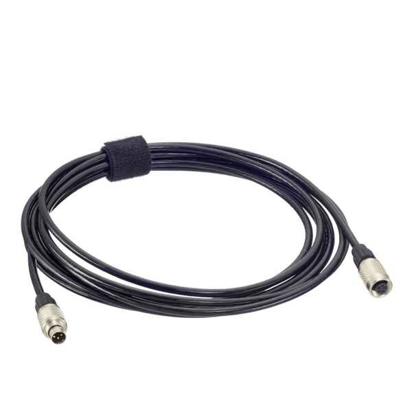 Black extension lead with two plugs, one male and one female end, for connecting electrical devices.