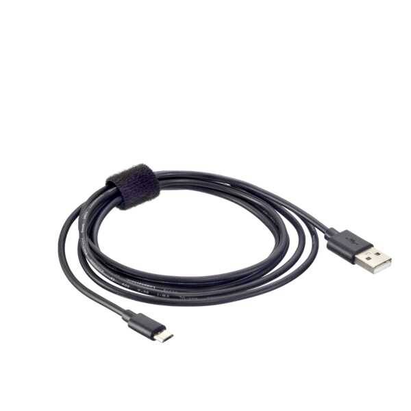 Black USB cable with USB-A and Micro-USB connectors, coiled and secured with a hook and loop fastener. Ideal for charging or data transfer.