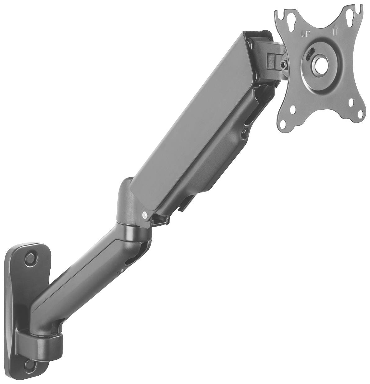 Black, adjustable monitor arm with wall mounting for flexible screen positioning. Suitable for VESA-compatible monitors.
