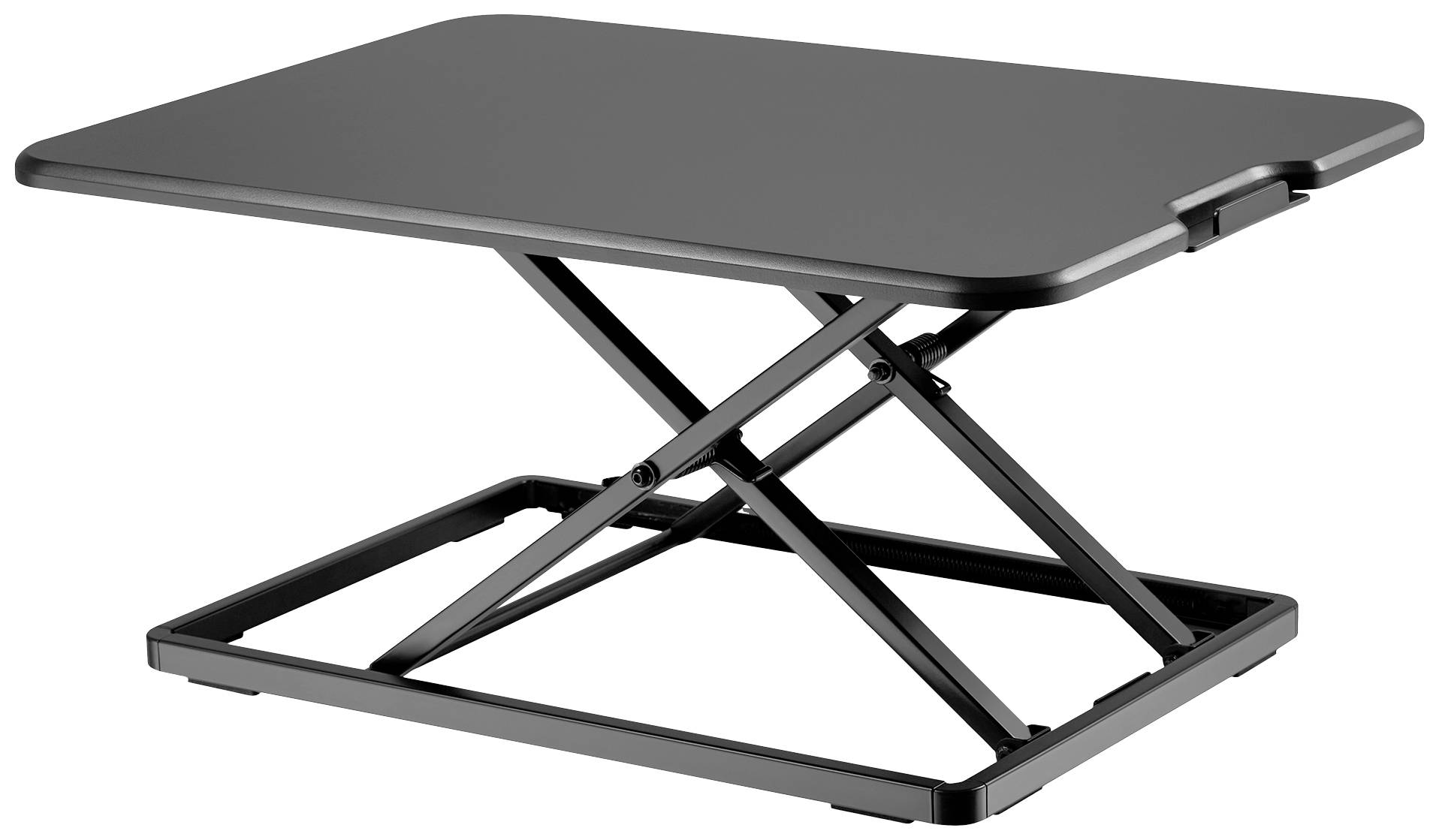 A height-adjustable, black standing desk converter with a rectangular tabletop and a foldable X-shaped mechanism.