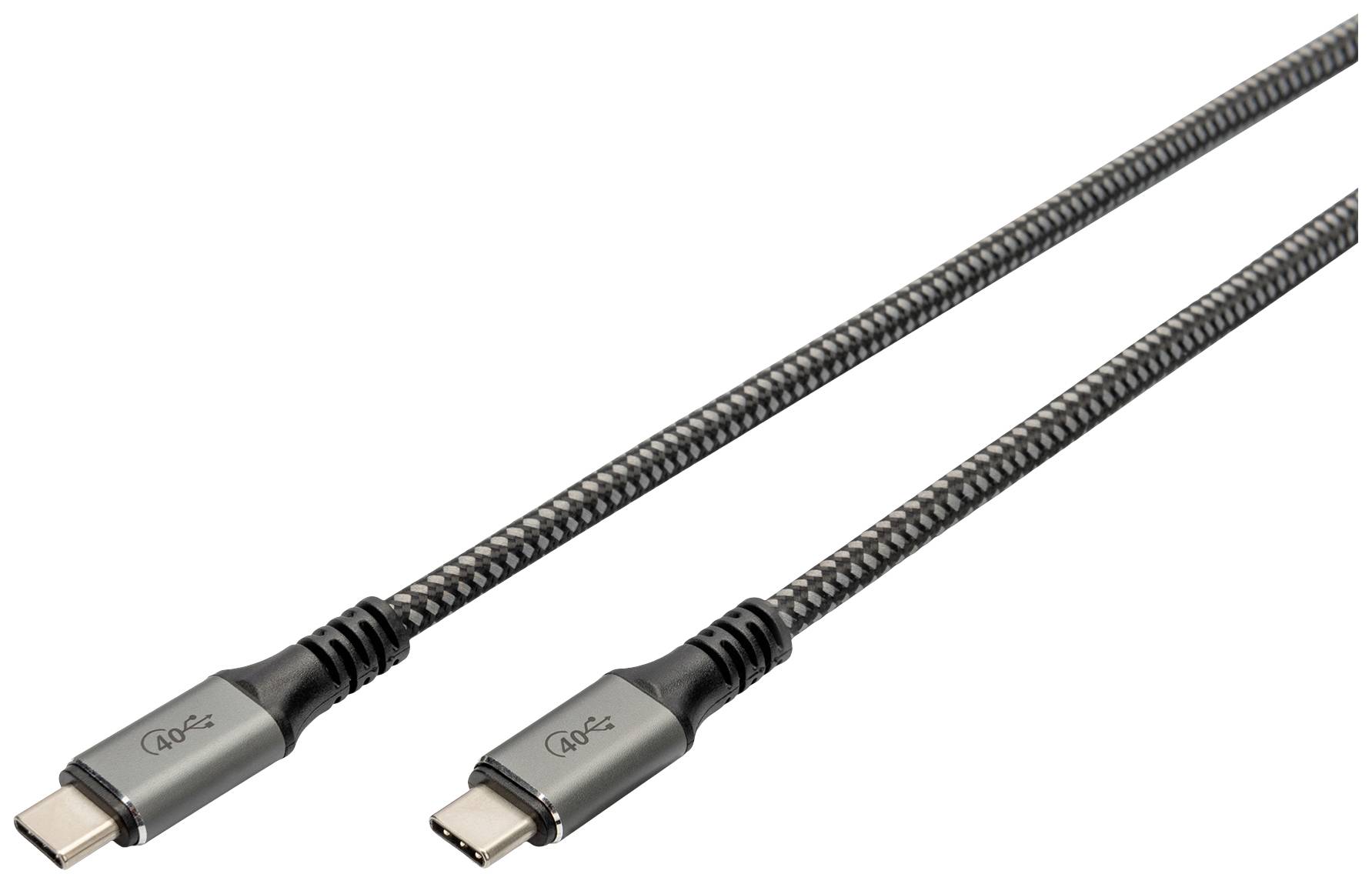 A USB-C cable with a braided design and USB-C connectors at both ends, suitable for data transfer and charging.