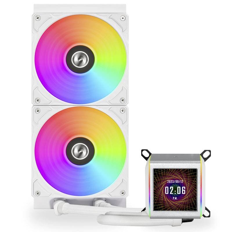 A PC cooling system with two fans that glow in rainbow colours, and a digital display showing the date and time.
