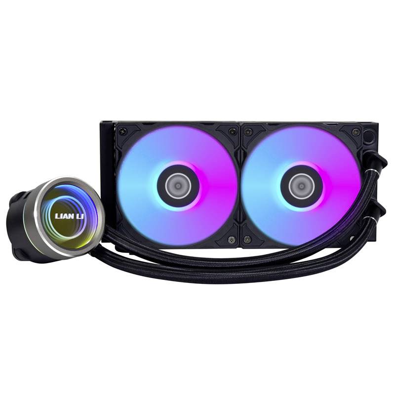 Two RGB-illuminated PC fans with a round cooler by Lian Li. The fans glow in blue, pink and purple. Black tubes connect the components.