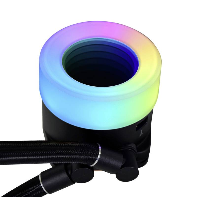 Circular LED heatsink illuminated with rainbow colours, connected to two black tubes. Used for cooling in computers.