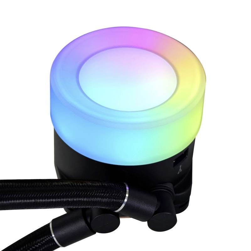 A round LED fan with multiple colours glows in a gradient from blue to pink. Connected pipes are visible.