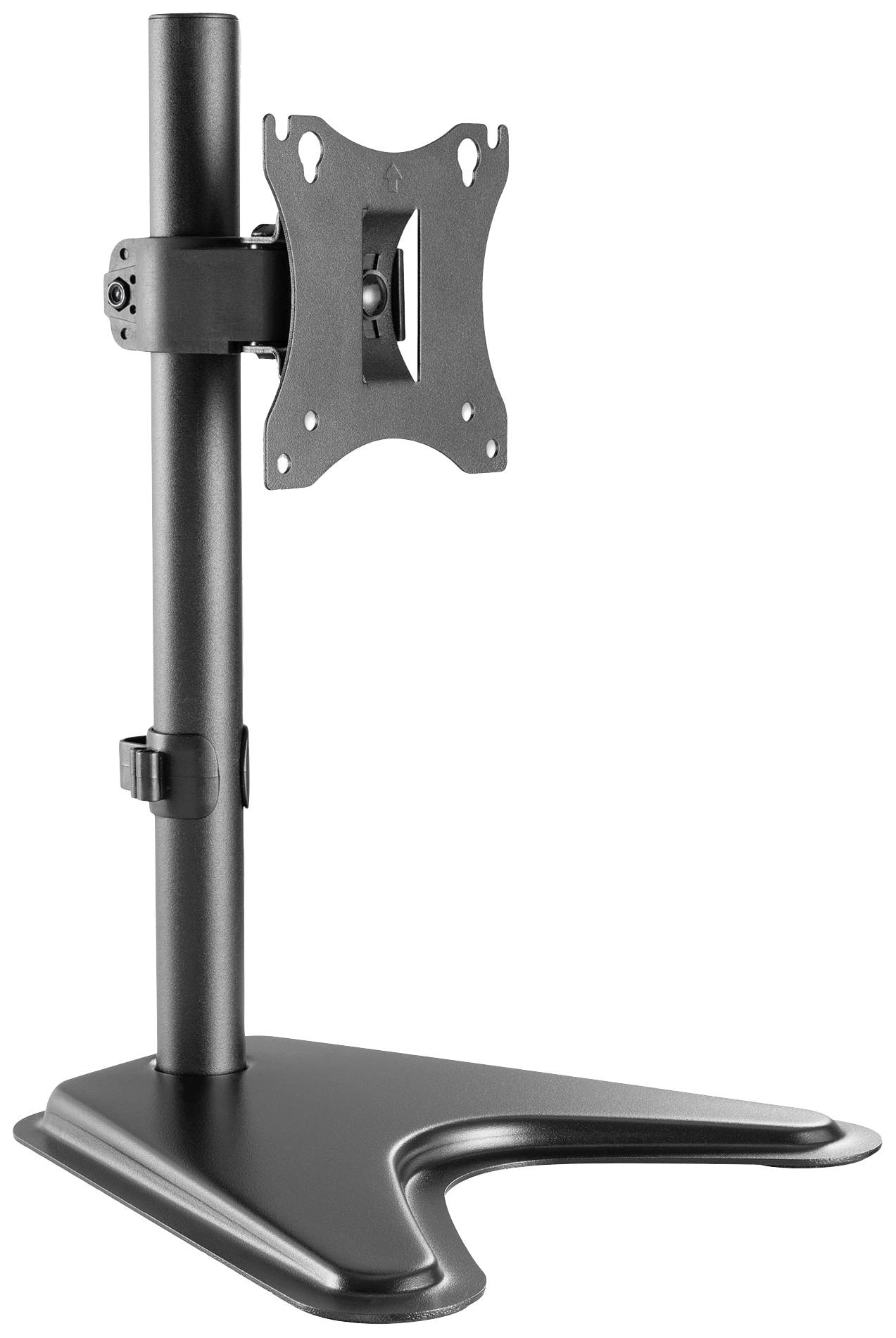 A black, adjustable monitor stand with a wide, sturdy base and VESA mount for screens, positioned vertically.