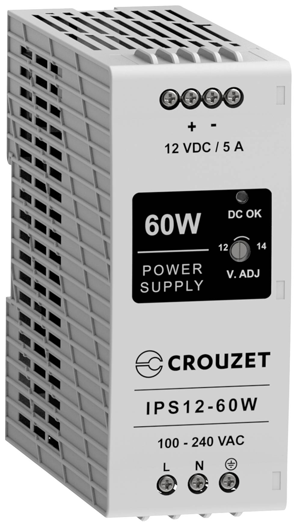 Crouzet IPS12-60W Power Supply, 60W Output, 12 VDC, 5 A. Ideal for industrial applications, 100-240 VAC input voltage.