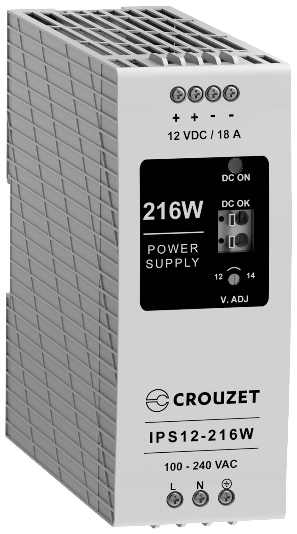 Power supply 'Crouzet IPS12-216W' with 12 VDC, 18 A output. Compatible with 100-240 VAC input. Functions: DC on/off, DC OK.