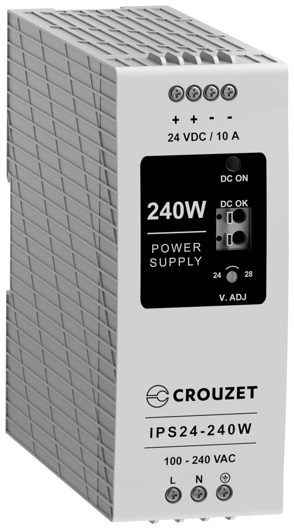 'Crouzet IPS24-240W Switched Mode Power Supply' with 240W power, 24 VDC/10 A, input 100-240 VAC. Indicator lights 'DC ON' and 'DC OK'.