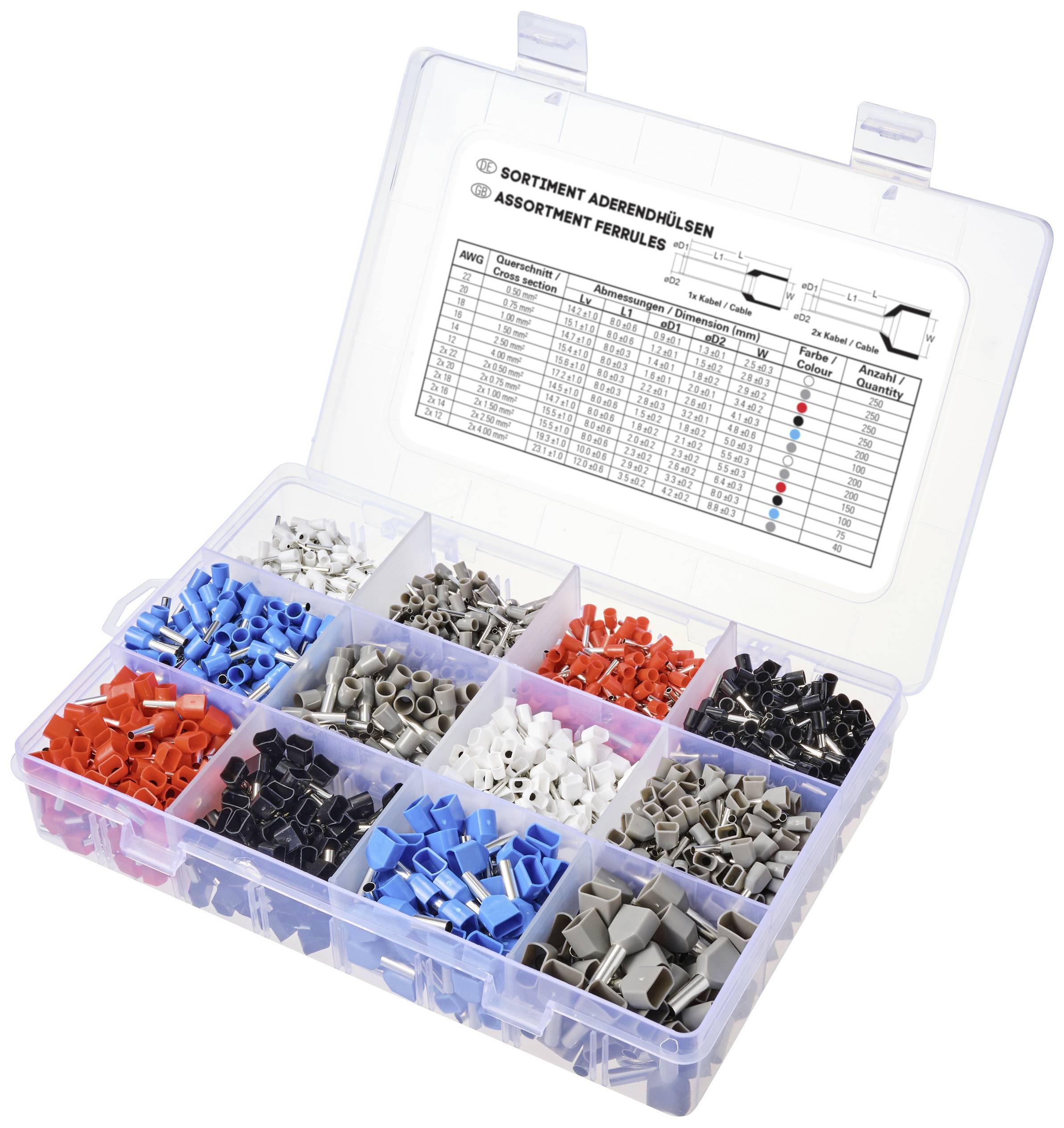 TRU COMPONENTS TC-11991840 Ferrule set 0.5 mm², 0.75 mm², 1 mm², 1.5 mm², 2.5 mm², 4 mm² Partially insulated White, Grey, Red