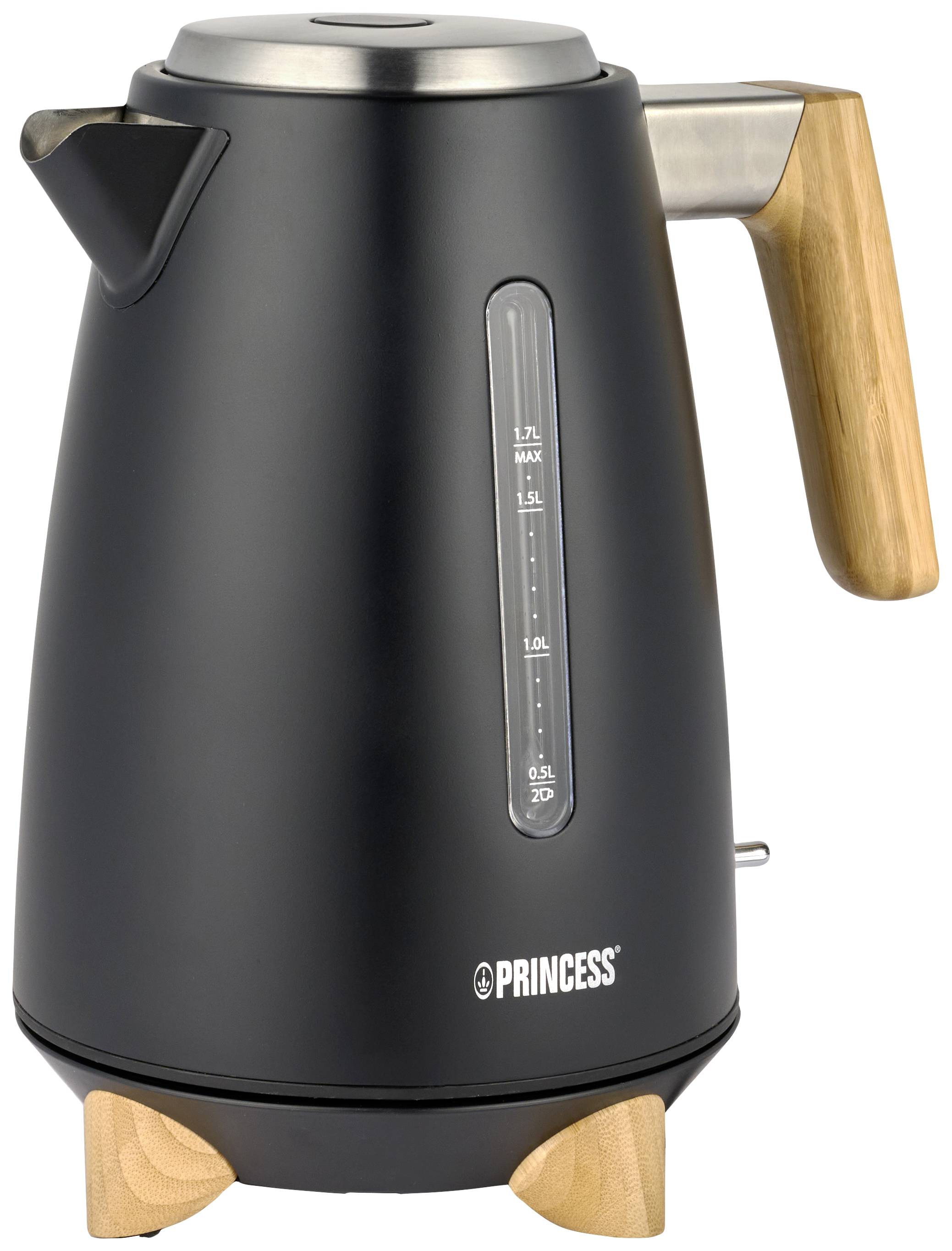A black kettle with a wooden handle and stainless steel details, displaying measurement markings on the side. Brand 'Princess'.
