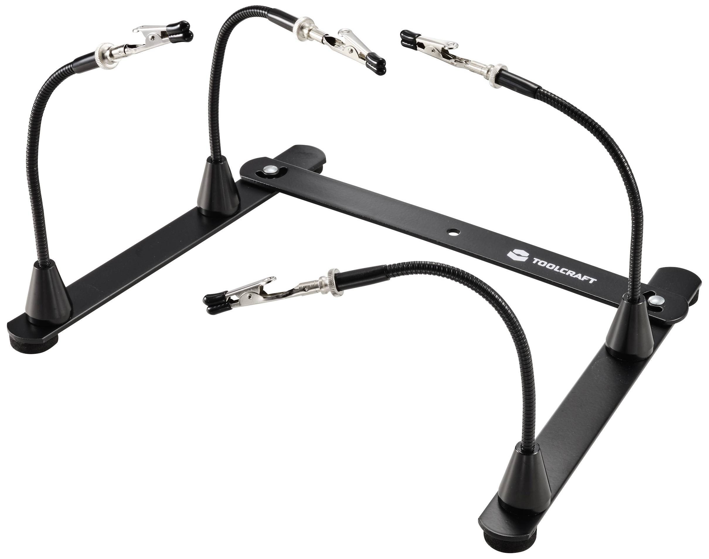 A black holder with four flexible arms and clamps. Suitable for securing components for work or presentations.