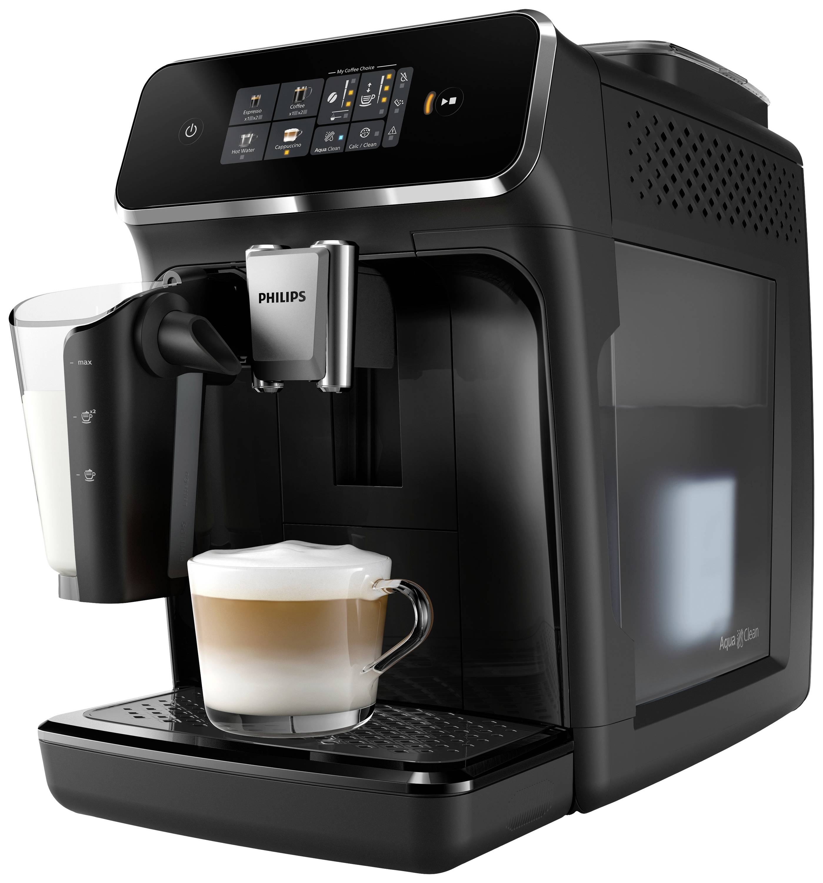 Modern black coffee machine with touchscreen display, preparing a cup of cappuccino, looks sleek and functional.