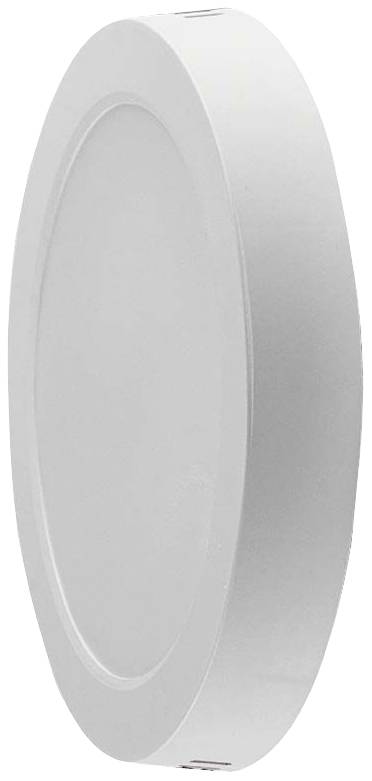 White, round LED ceiling light with a simple, flat design. It is mounted on the ceiling and provides even illumination.