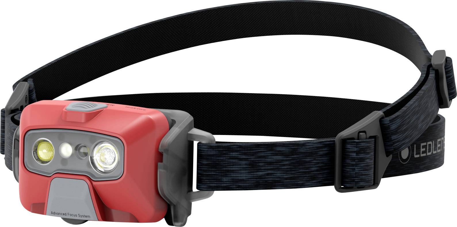 A red head torch with two lights and an adjustable black strap, suitable for outdoor activities.