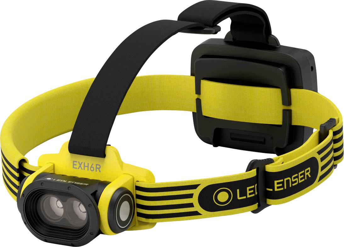 Yellow head torch with black band, Ledlenser EXH6R model, with side adjustment and battery on the back.