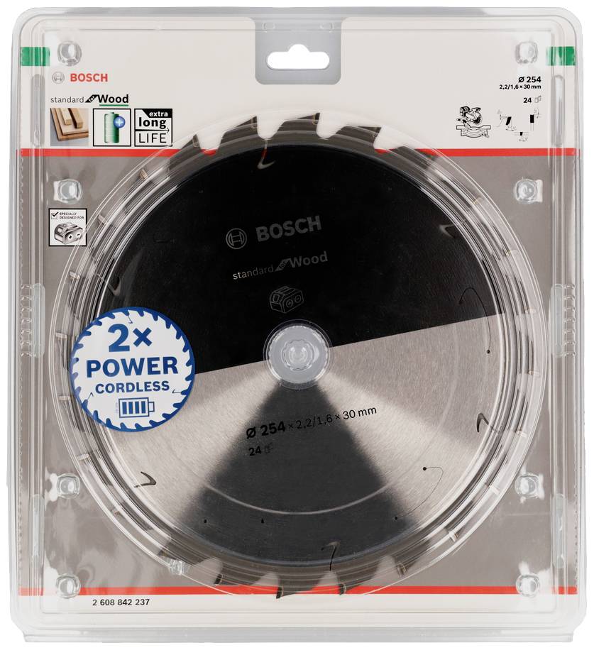 Bosch circular saw blade in packaging, suitable for wood, with 254 mm diameter. Note: '2x Power Cordless', 24 teeth.