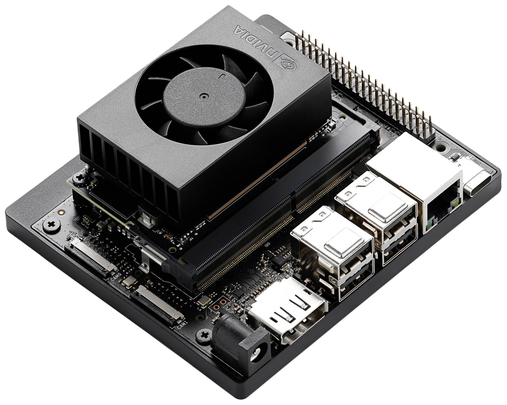 A mini computer board with a fan, multiple ports and connectors on a black circuit board. Particularly suitable for developers.