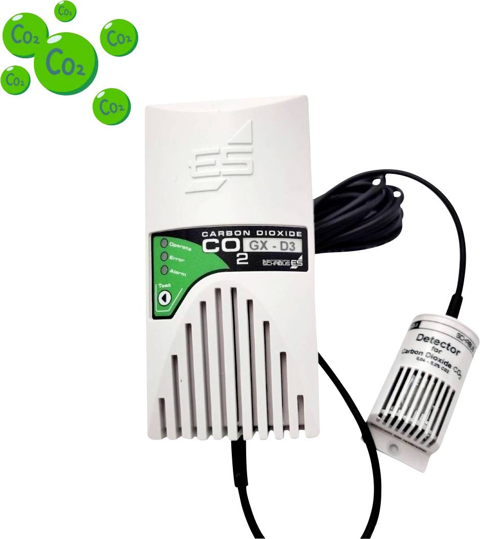 Two white CO2 sensors with cables. On the left, an LED status indicator is shown. Both have ventilation slots. Marked with 'CO2 Sensor'.