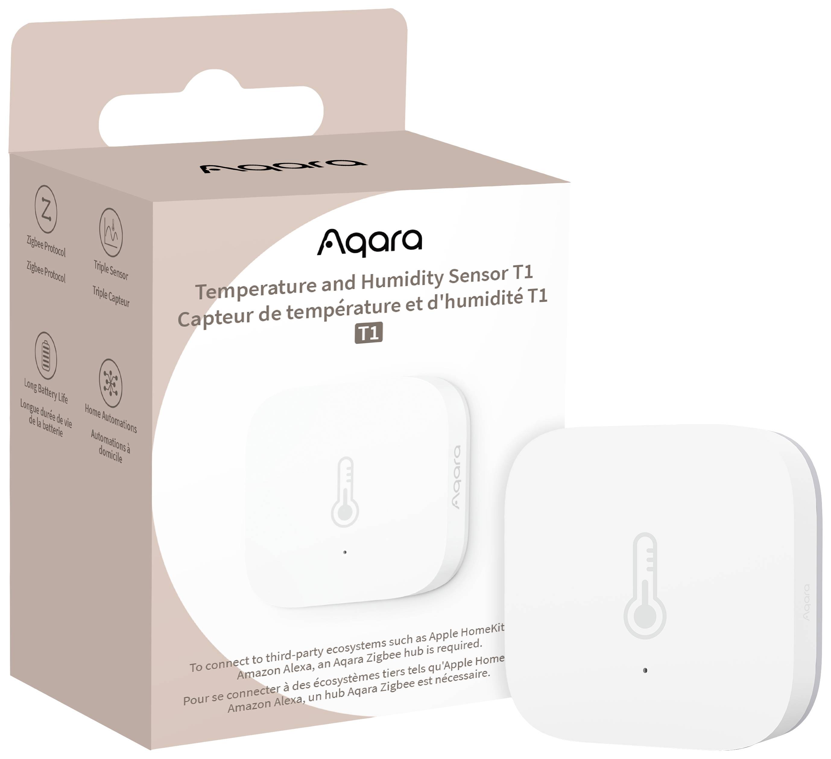 Aqara Temperature and Humidity Sensor T1. Shows the device and compatible systems such as Apple HomeKit and Alexa on the packaging.