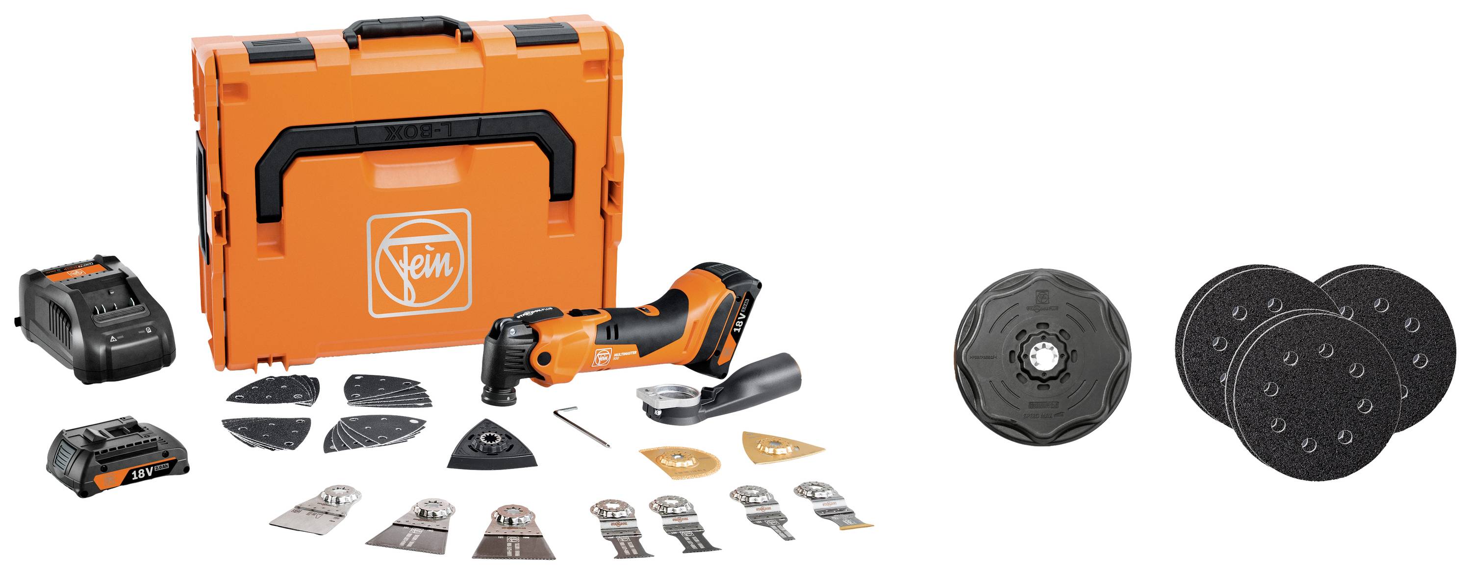 Toolkit with an orange logo contains a multi-tool, various attachments and a charger. Accessories are laid out beside it.