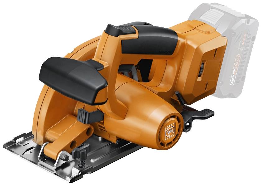 Cordless circular saw in a vibrant orange with a black handle. The saw demonstrates a robust construction and is suitable for construction projects.