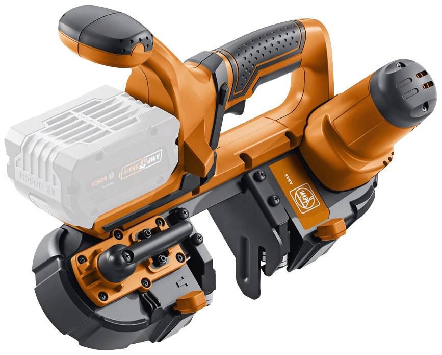 Battery-powered band saw in orange, without battery inserted, with ergonomic handle and coarse cutting action for metalworking.