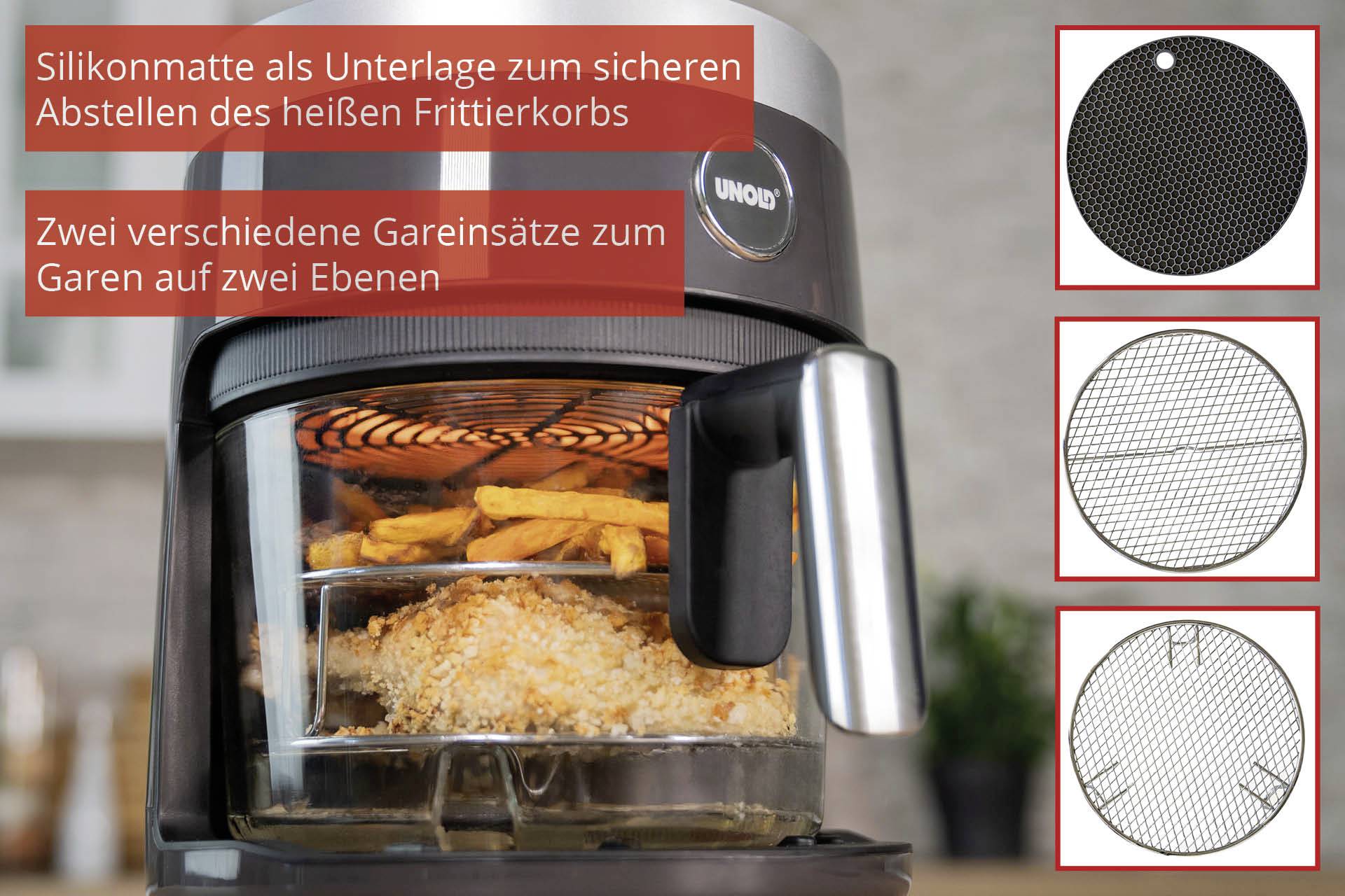 Close-up of an air fryer with chicken and chips. Text describes a silicone mat and cooking inserts for safe cooking.