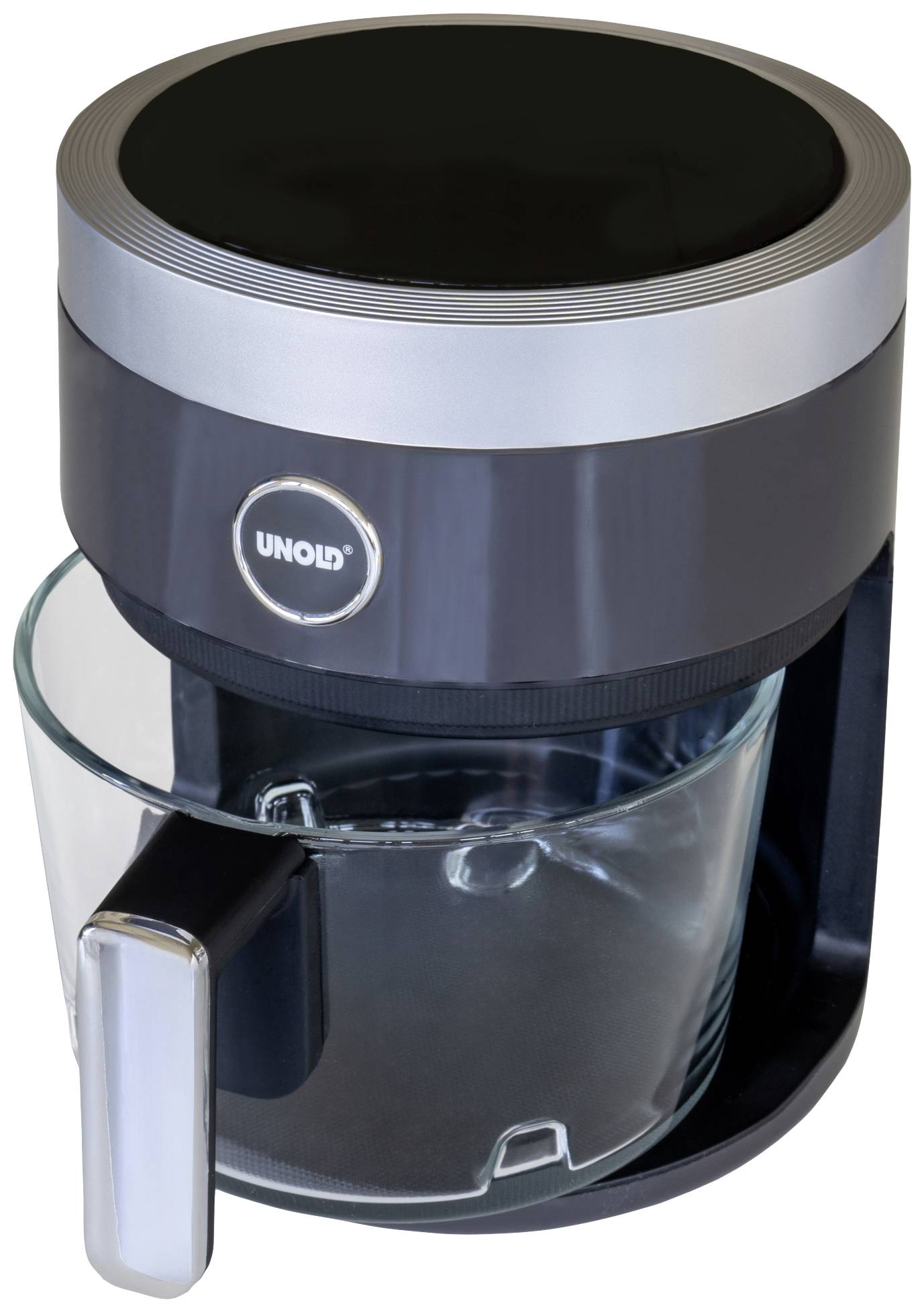 A black and silver electric coffee machine with a glass carafe. 'UNOLD' marking on the front.