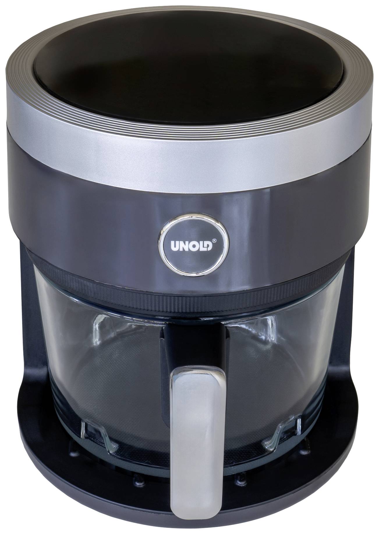 A black and silver coffee machine with a glass carafe, brand logo clearly visible on the front.