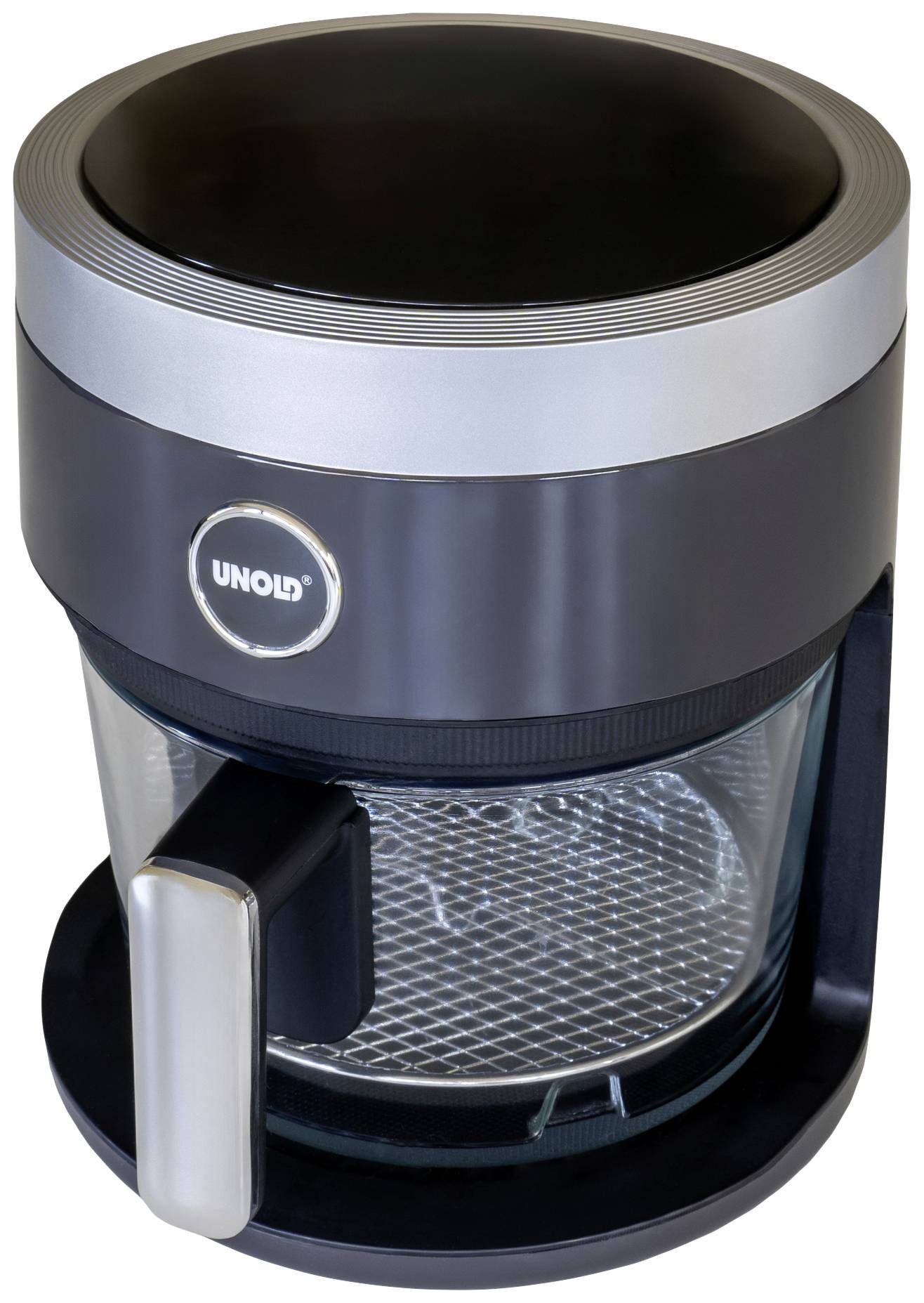 A black coffee machine with a silver lid and glass carafe. The 'Unold' brand is visible at the front.