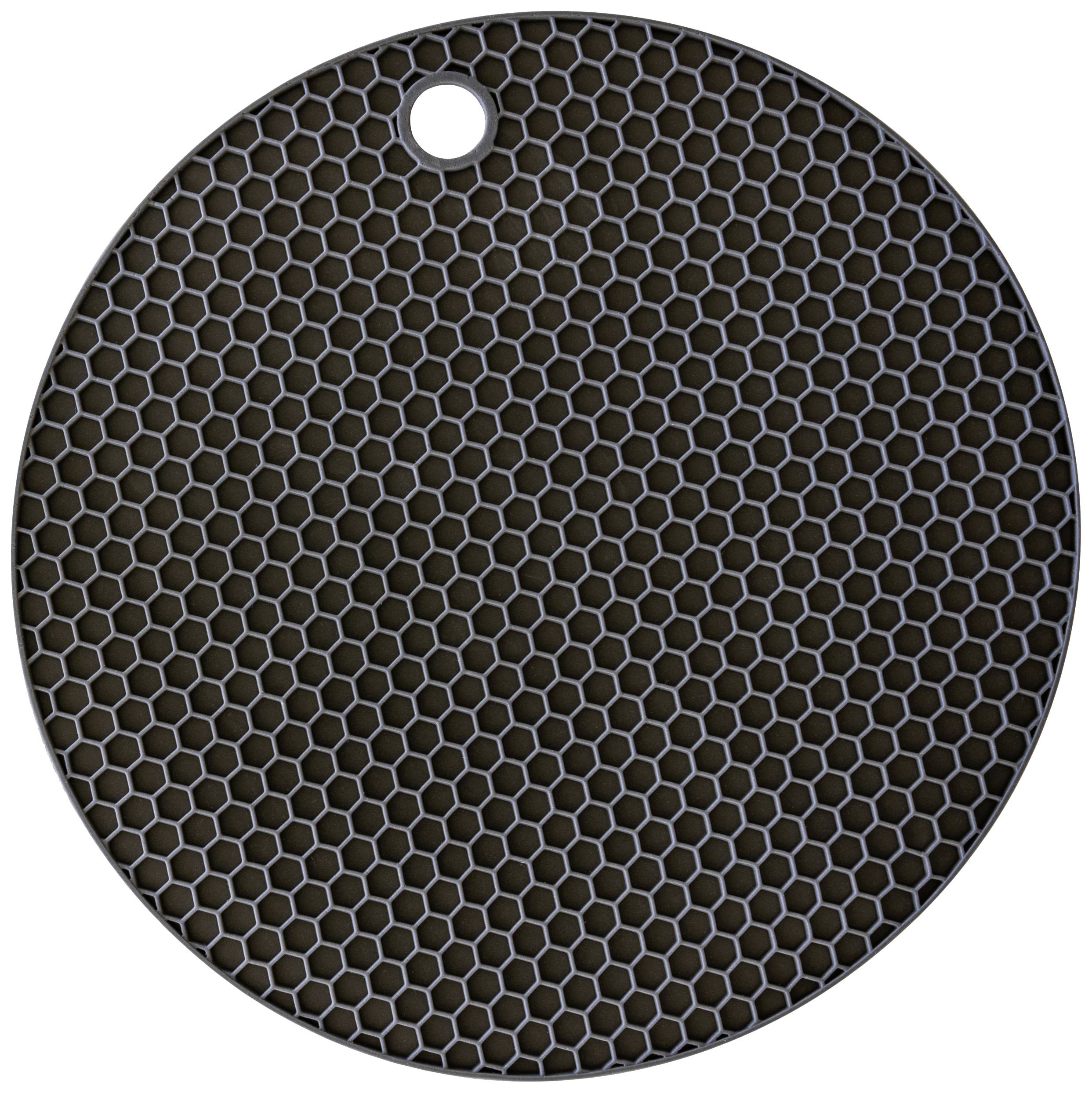 Round, flat, black surface with a honeycomb-like pattern and a small hole near the edge for hanging or attachment.