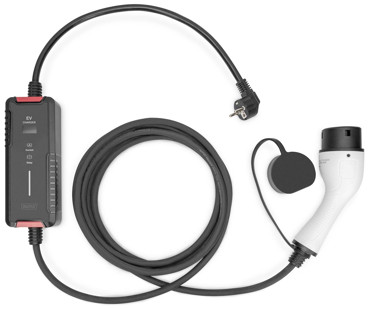 Home charging cable for electric vehicles with plug and control unit, suitable for charging at home or at a charging station.