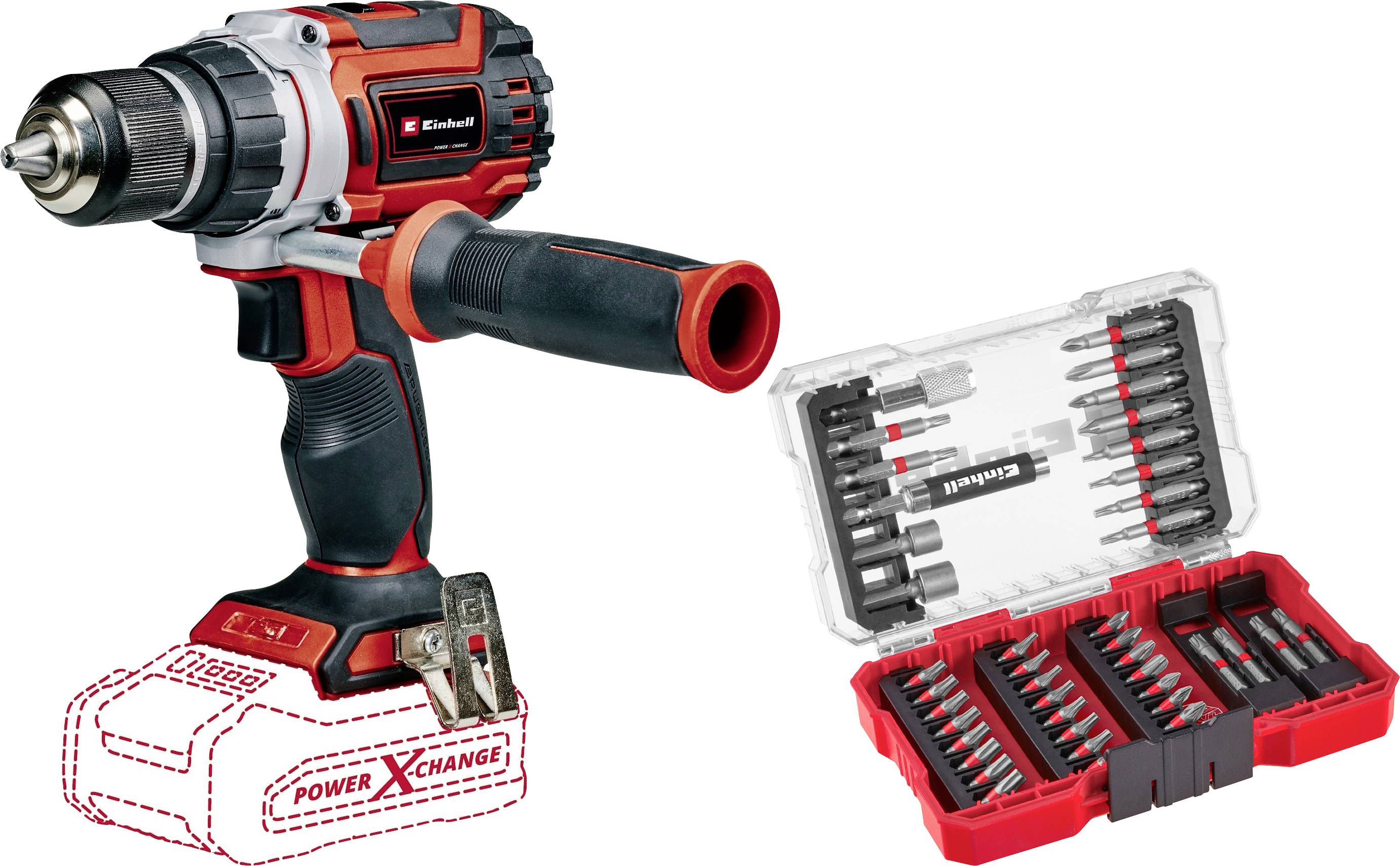 'Cordless drill driver with interchangeable battery' and bit set in a red plastic box, with various attachments for versatile applications.