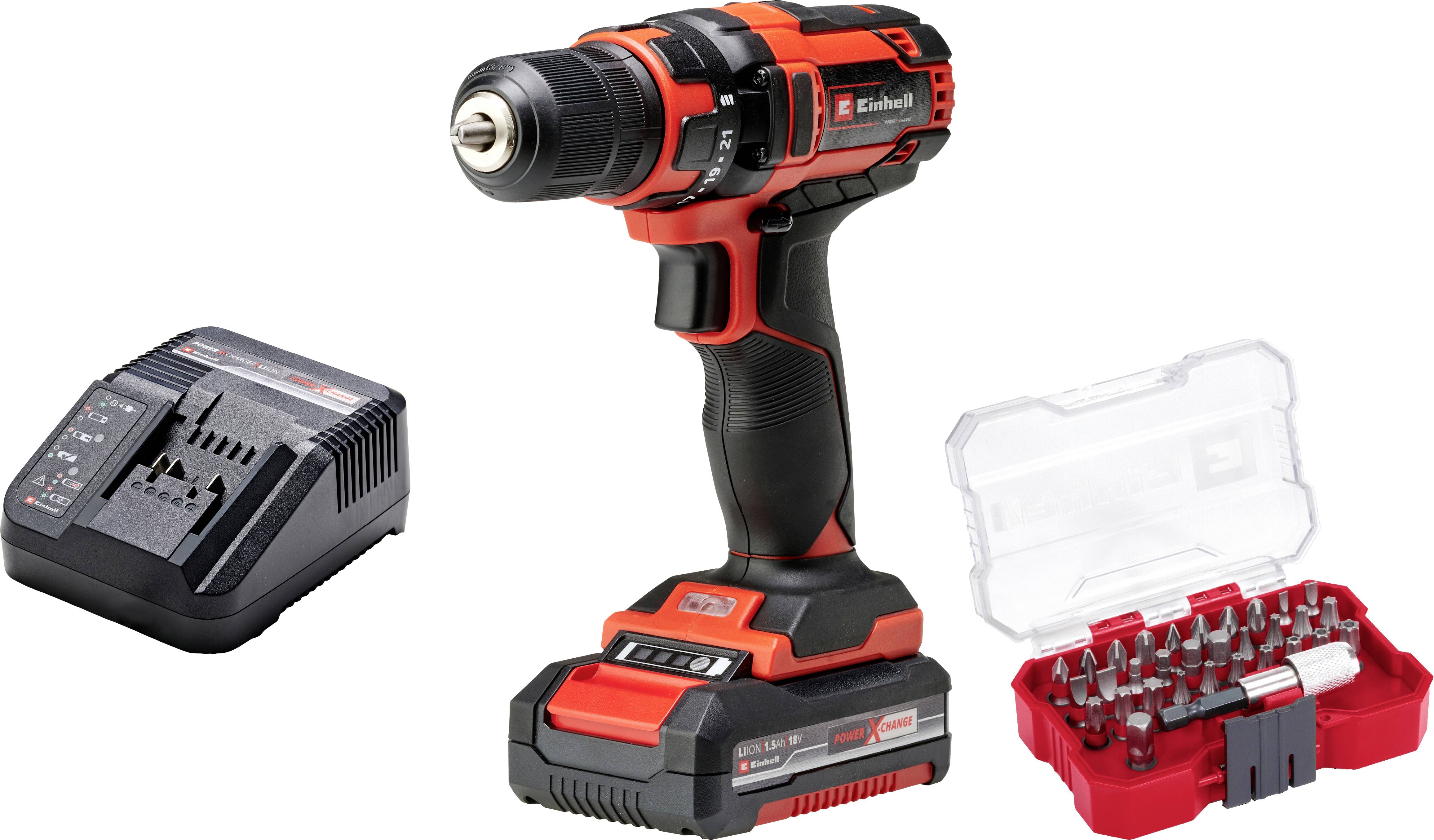 Cordless Drill Set with Charger and Bits. The drill is black and red, with the bits stored in a clear box.