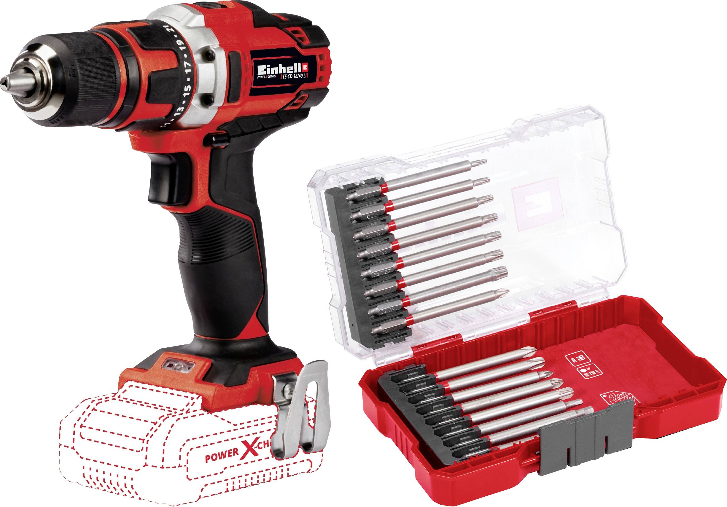 Cordless drill in red and black with matching bit set in an open plastic box. The bit set includes various sizes and shapes.