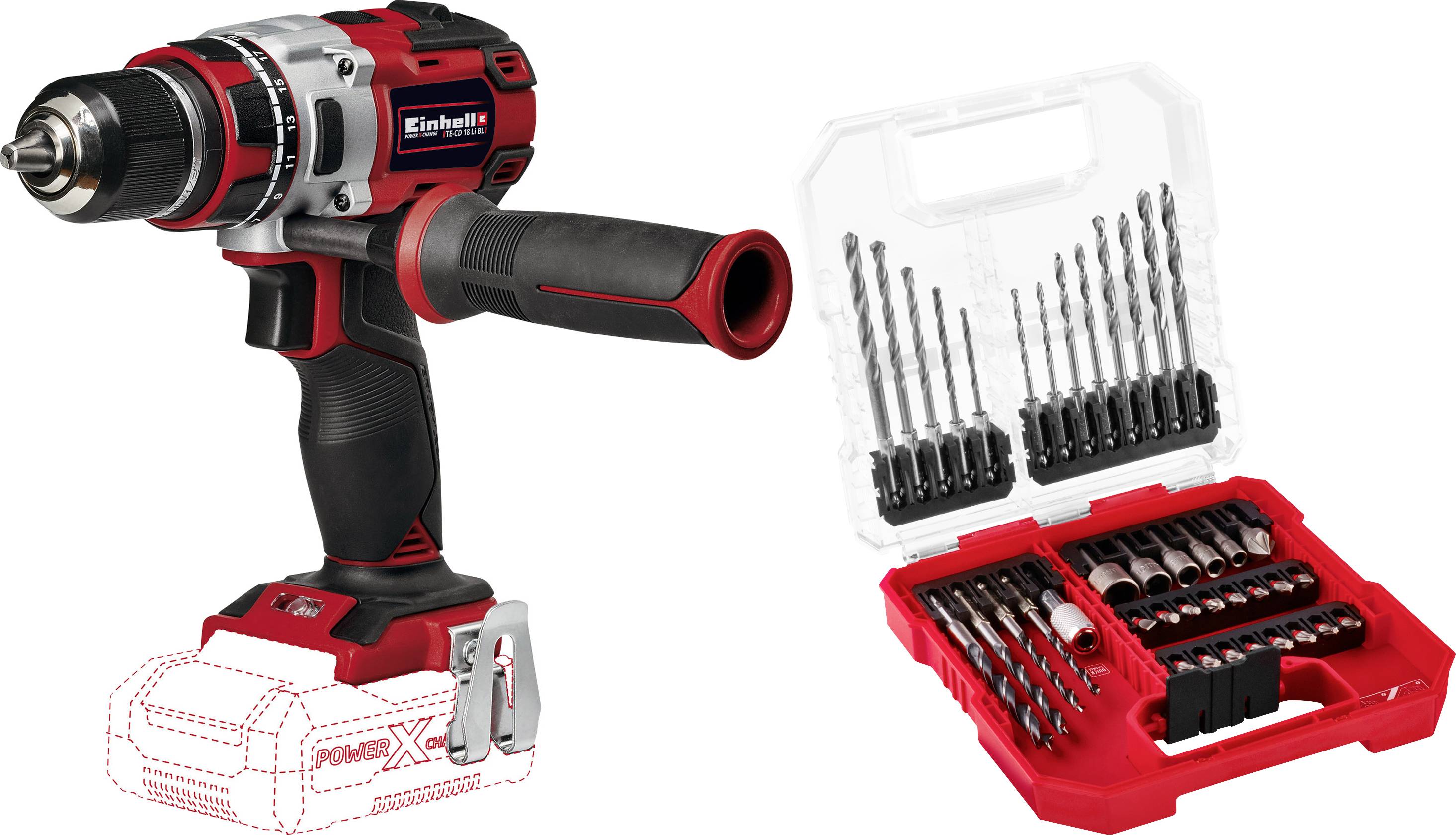 Cordless drill with removable battery on the left and drill bit set in a box on the right. Red and black design, multiple drill bit sizes.