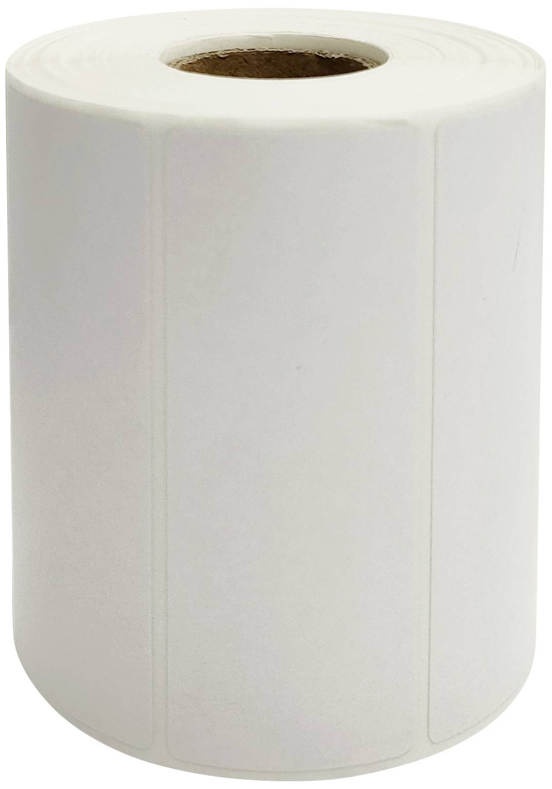 Label roll with white paper, multiple perforations for sticker printing. Suitable for label printers or labelling devices.