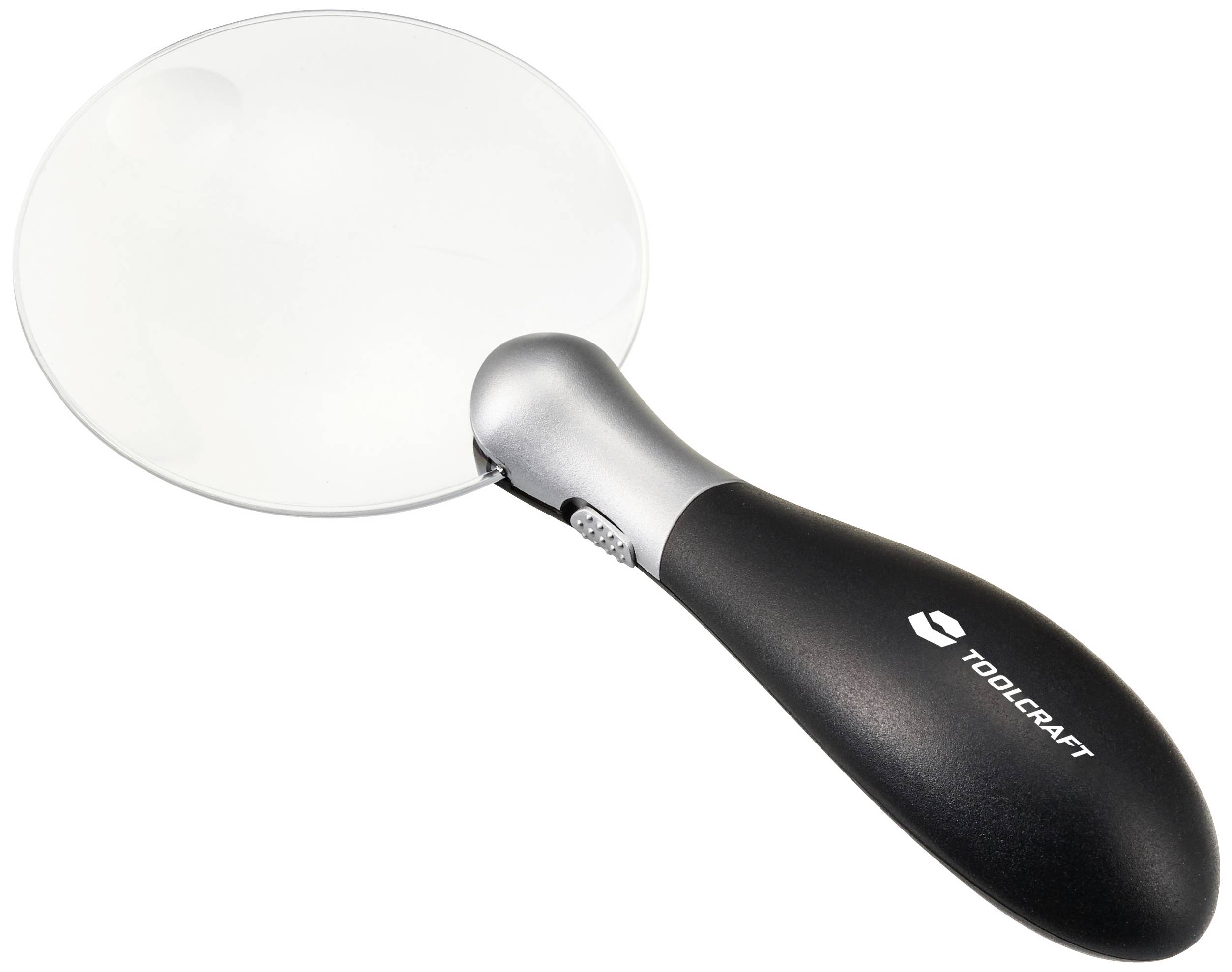 Magnifying glass with a black handle and magnifying lens by Toolcraft, suitable for precise craftwork or reading small print.
