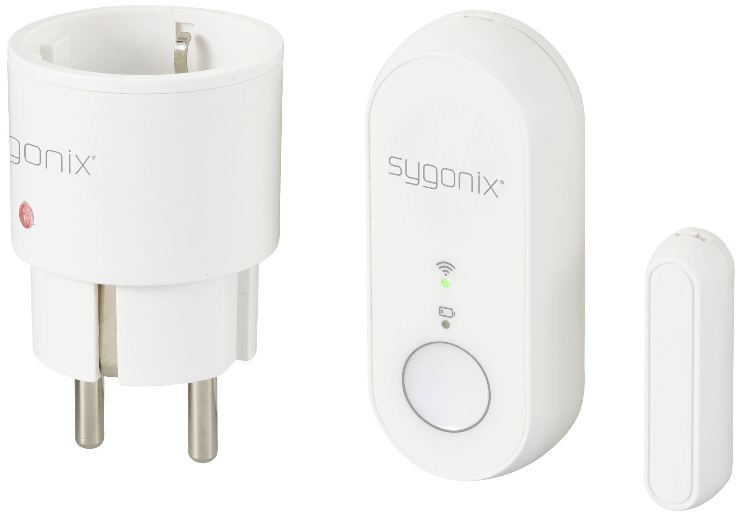 Socket, switch and sensor for a smart home system by Sygnox. Components enable remote control and automation.