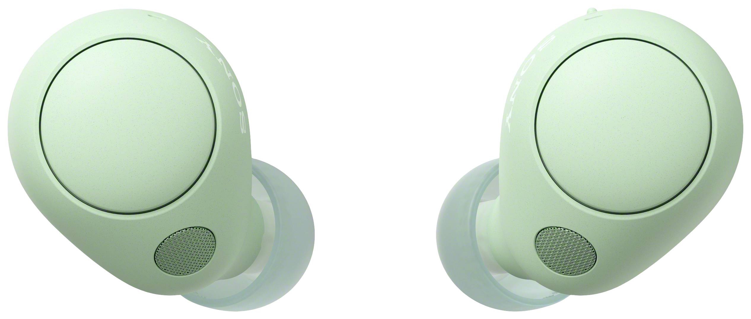 Wireless, green earbuds in close-up. Displaying an elegant, compact design without visible brand logos.
