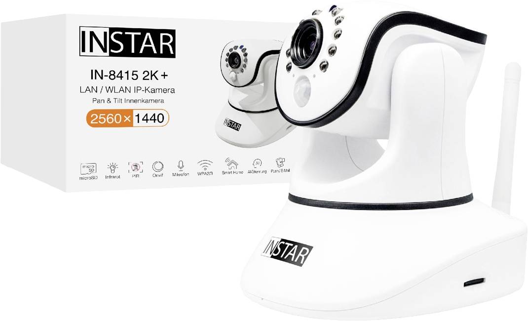White INSTAR IN-8415 2K+ camera with LAN/Wi-Fi functionality, pan and tilt features, 2560 x 1440 resolution; packaging in the background.