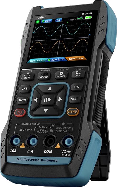 Portable digital oscilloscope and multimeter with display showing a waveform; buttons for measurement modes and controls visible.