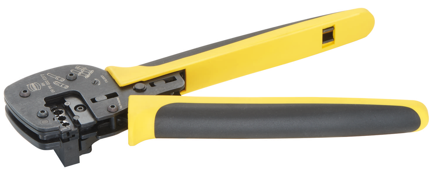 Yellow and black crimping pliers for cable processing, with an ergonomic handle, on a white background.