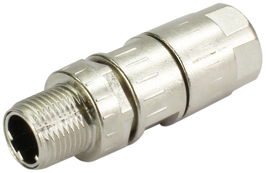 A silver coaxial plug with a screw thread, used for connecting coaxial cables, lies on a white background.